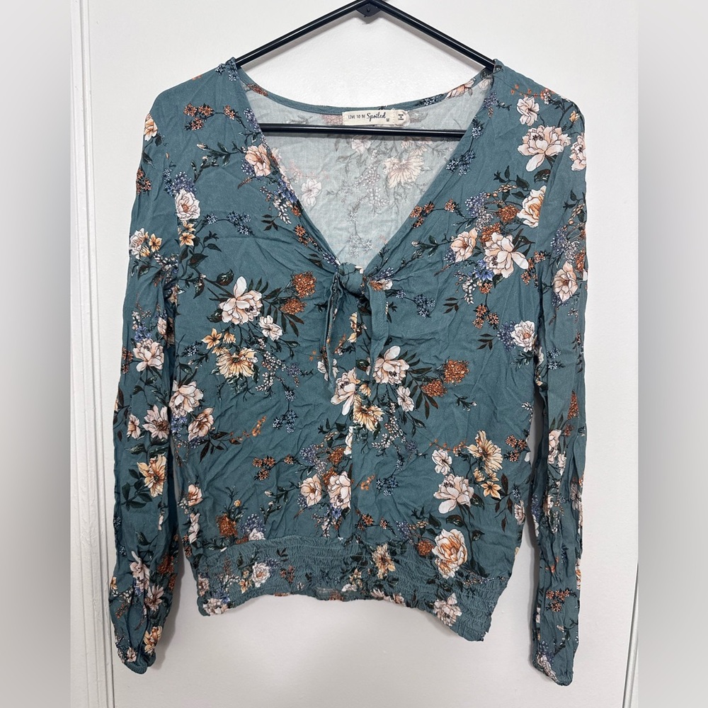 Ruffled Hem Floral Tie-Neck Top